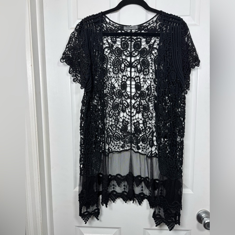 Origami by Vivien Black Lace Crochet Duster Kimono Cardigan S/M